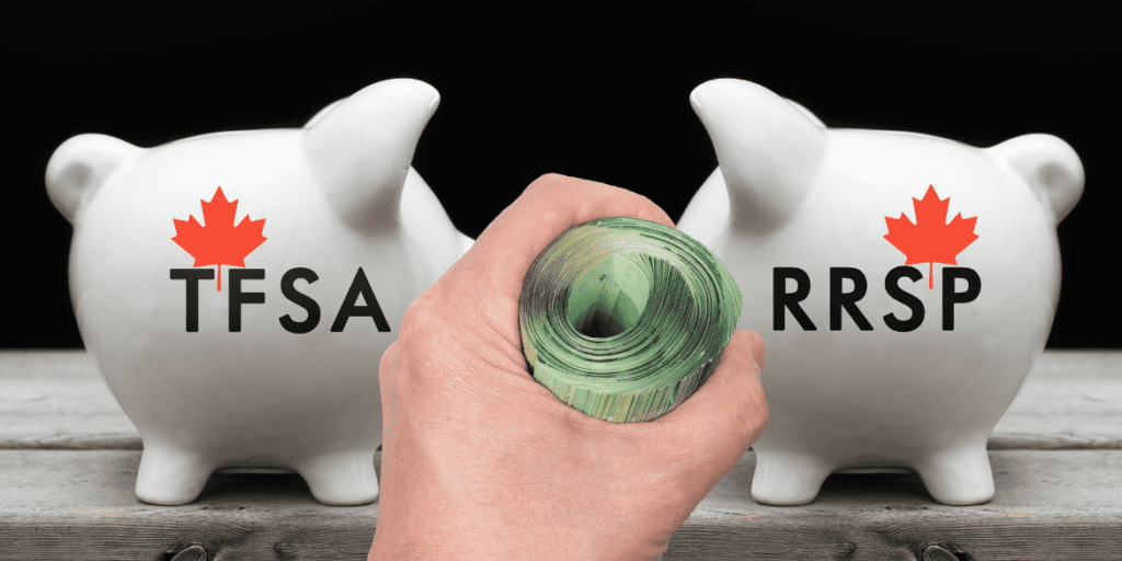 Two piggy banks labeled RRSP and TFSA with a hand holding rolled Canadian currency