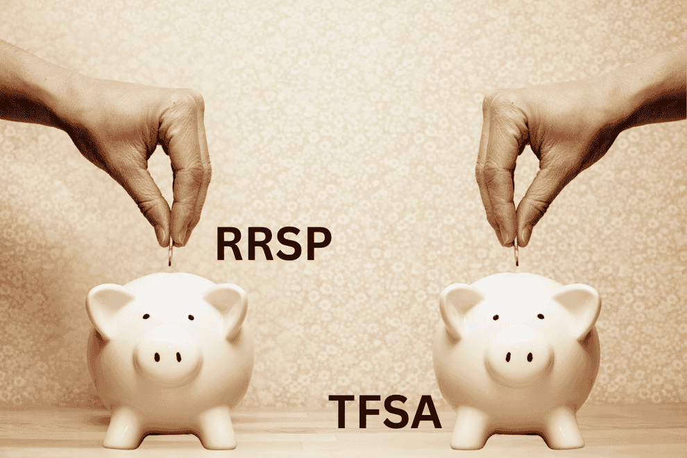 Hands placing coins into RRSP and TFSA piggy banks side by side