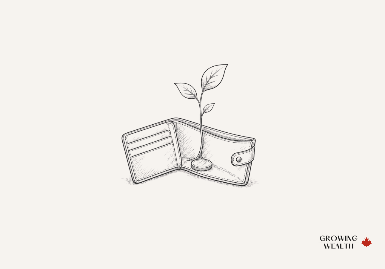 Illustration of a wallet with a small plant growing from it, representing smart student banking and money growth