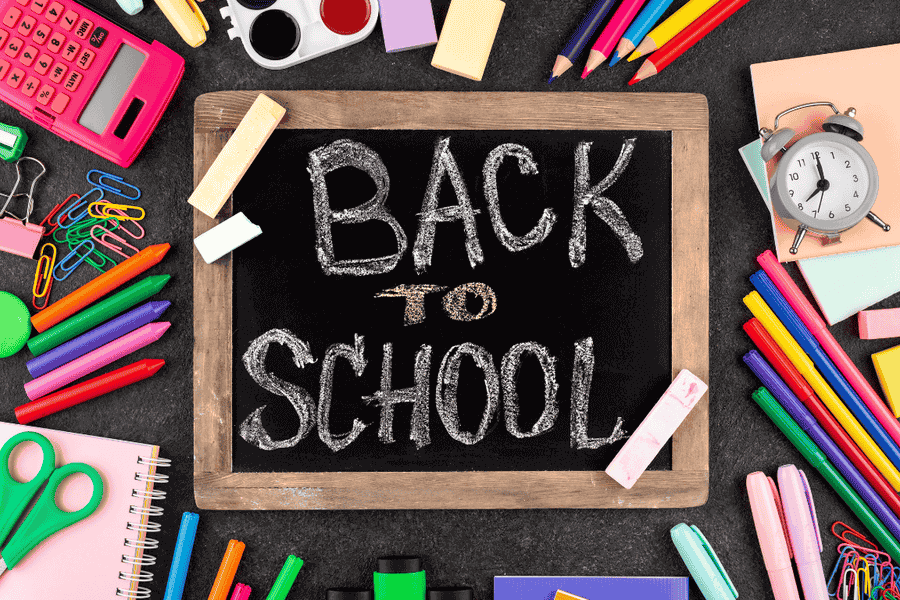 Back to school chalkboard with school supplies representing student banking season in Canada