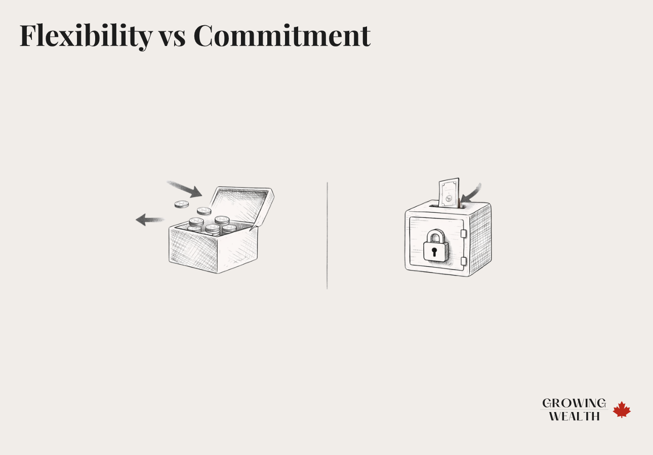 Illustration comparing TFSA flexibility versus RRSP commitment — open box versus locked safe