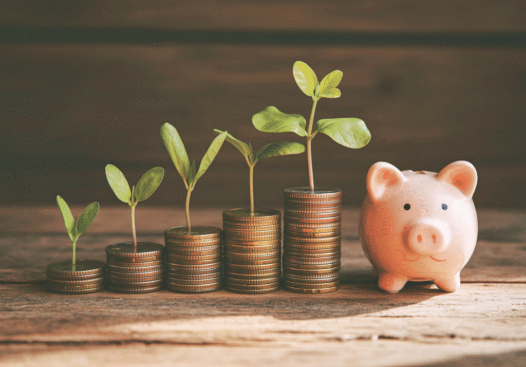Stacks of coins growing with small plants and a piggy bank symbolizing automated savings growth.