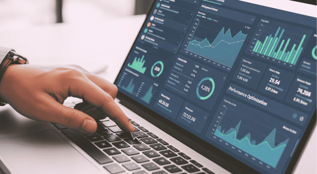 Person reviewing a financial dashboard with charts and insights for automated budgeting and expense tracking.