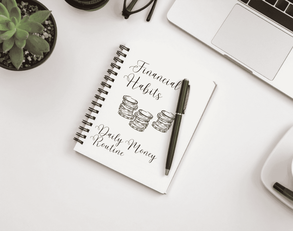 Notebook titled financial habits and daily money routine on a clean workspace.