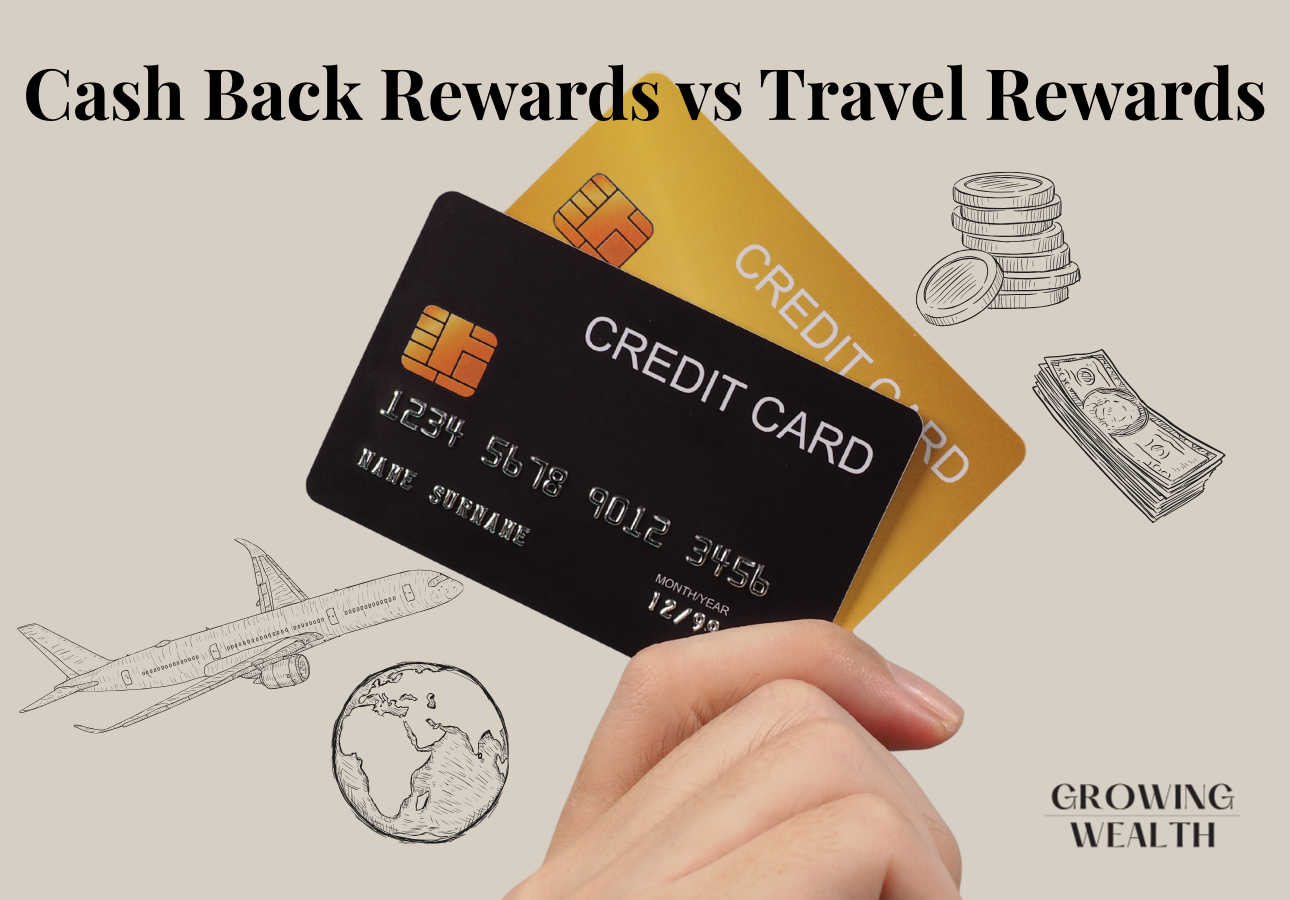 Two credit cards with cash and travel icons, representing pairing a cash back card with a travel rewards card
