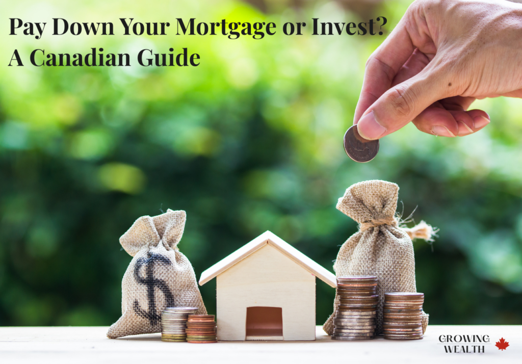 Hand placing coin beside house model showing mortgage vs investing decision in Canada