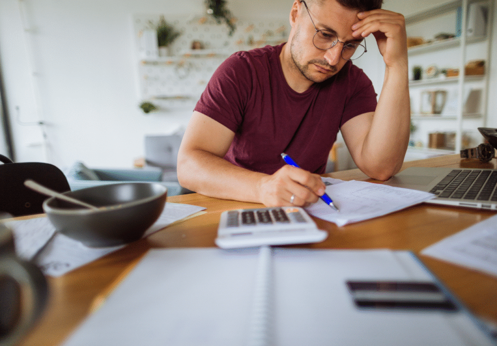 Person stressed while reviewing financial documents about how to improve credit score in Canada