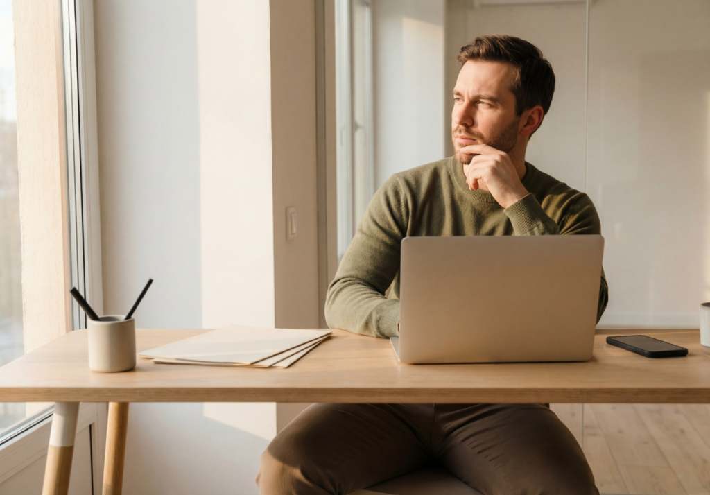 Man at home thinking about what to do with a tax refund in Canada