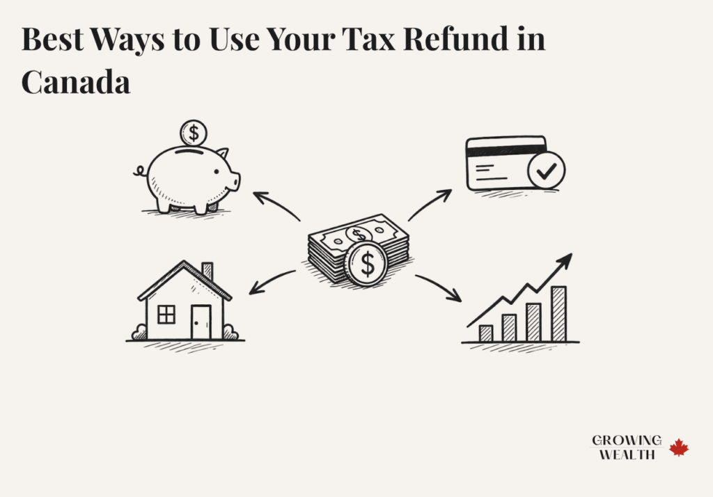 Minimalist illustration showing tax refund money being allocated to savings, debt repayment, mortgage, and investing decisions