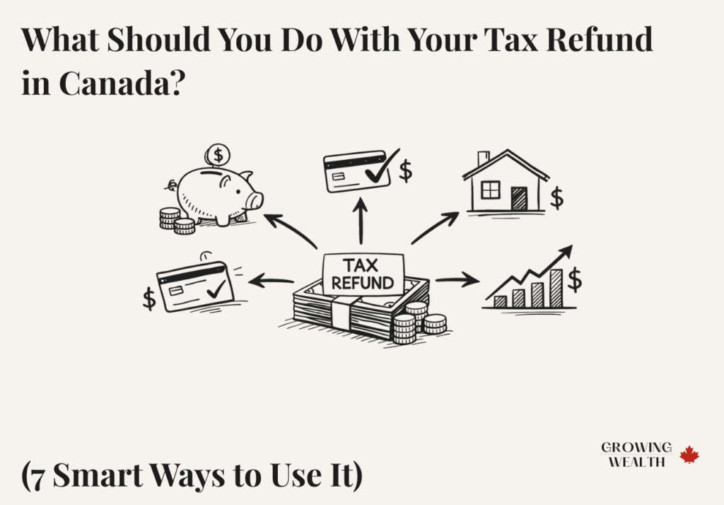 Minimalist illustration showing tax refund money being allocated to savings, debt repayment, investing, and mortgage decisions in Canada