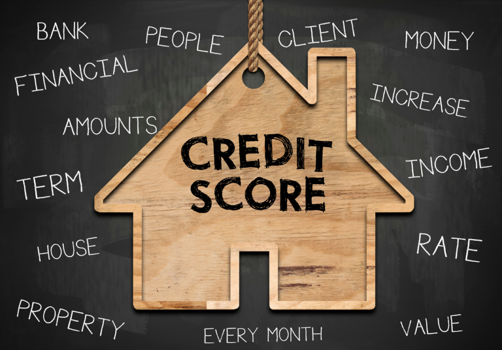 illustration of credit score concept with home and financial terms