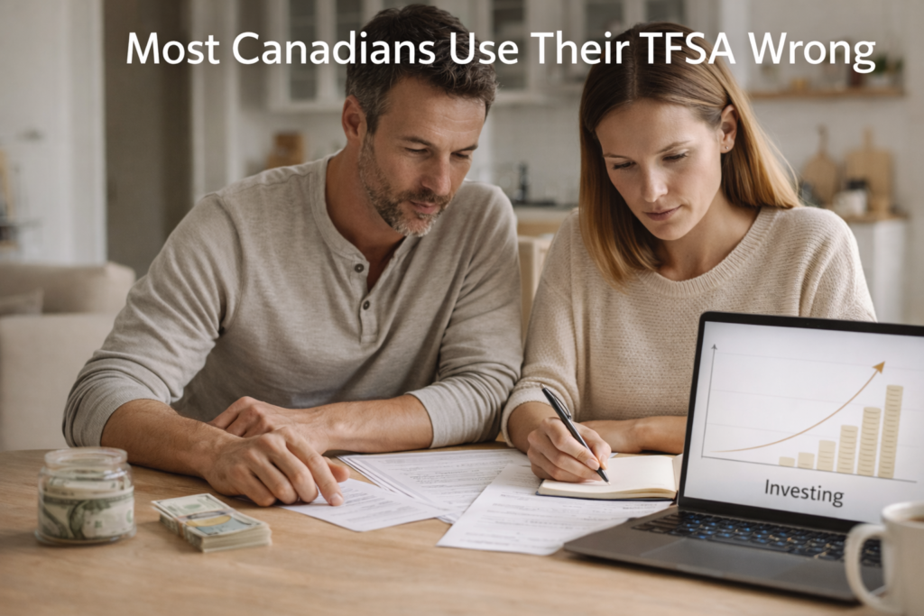 Canadian couple reviewing finances at home comparing savings and investing decisions with laptop showing growth