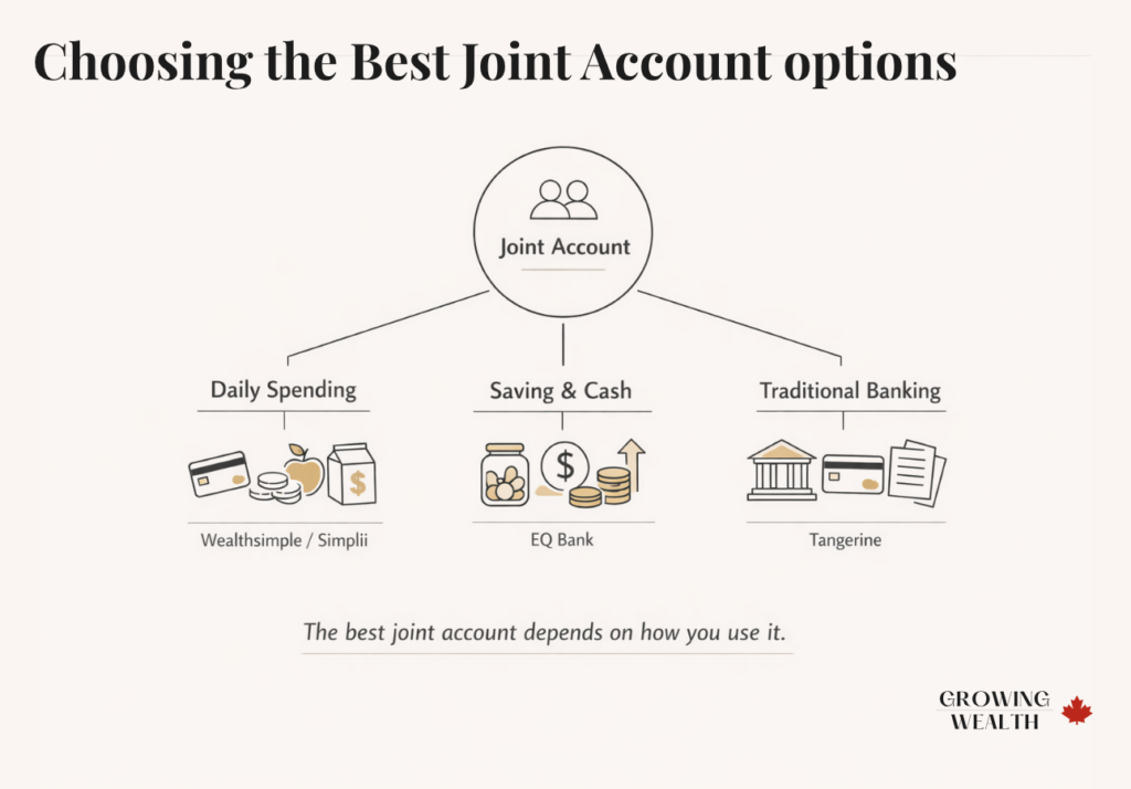 Minimalist diagram showing how to choose the best joint account in Canada based on usage: daily spending, saving and cash, or traditional banking options.