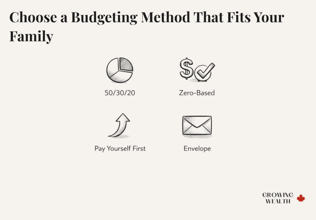 Illustration showing four Canadian budgeting methods: 50/30/20, zero-based, pay yourself first, and envelope budgeting