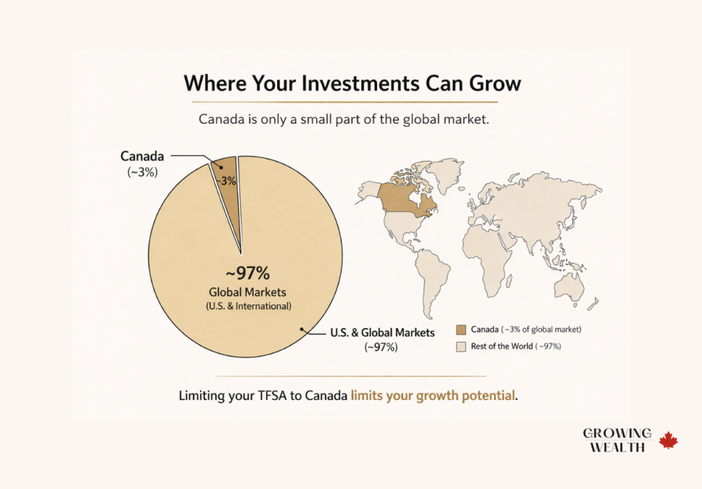 World map showing Canada as a small portion of global markets for investment diversification
