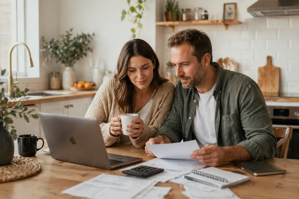 Canadian couple reviewing mortgage documents at home