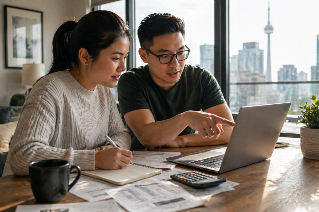 Canadian couple reviewing their FHSA and RRSP savings plan for a home down payment