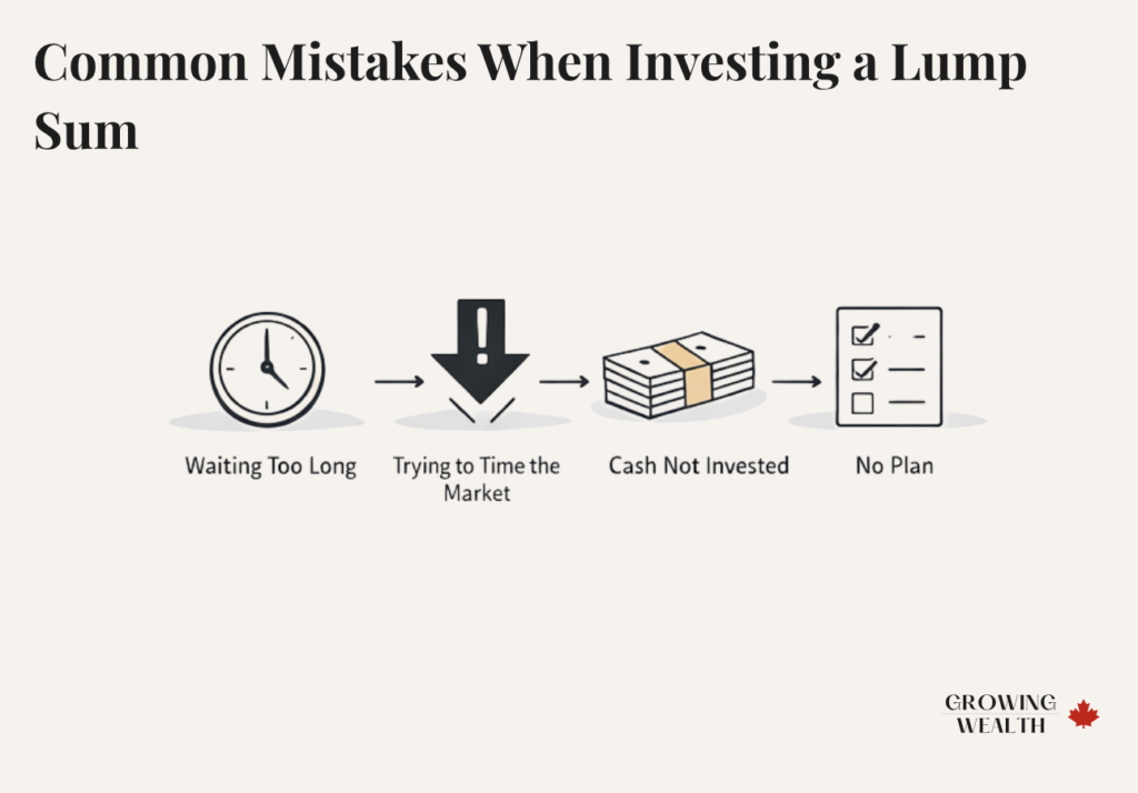 Minimalist illustration showing common mistakes when investing a lump sum in Canada, including waiting too long, trying to time the market, keeping cash uninvested, and having no investment plan