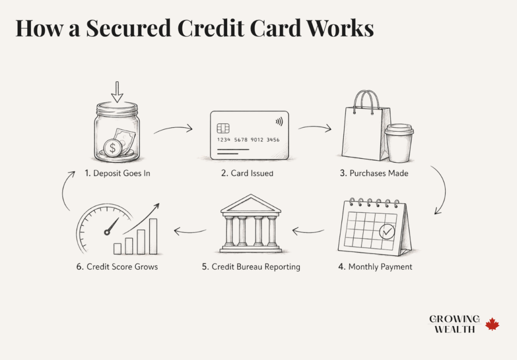 How a secured credit card builds credit in Canada — illustrated cycle