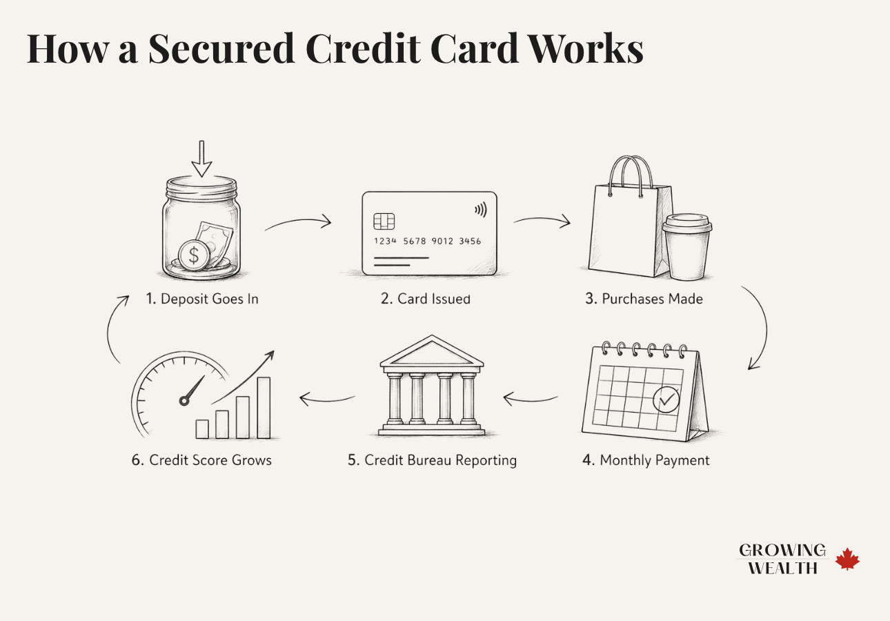 How a secured credit card builds credit in Canada — illustrated cycle