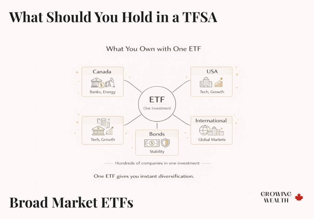 ETF diversification diagram showing one fund investing across Canada USA international markets and bonds