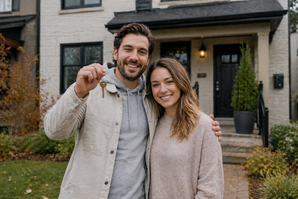 First-time home buyers holding keys in front of their new Canadian home