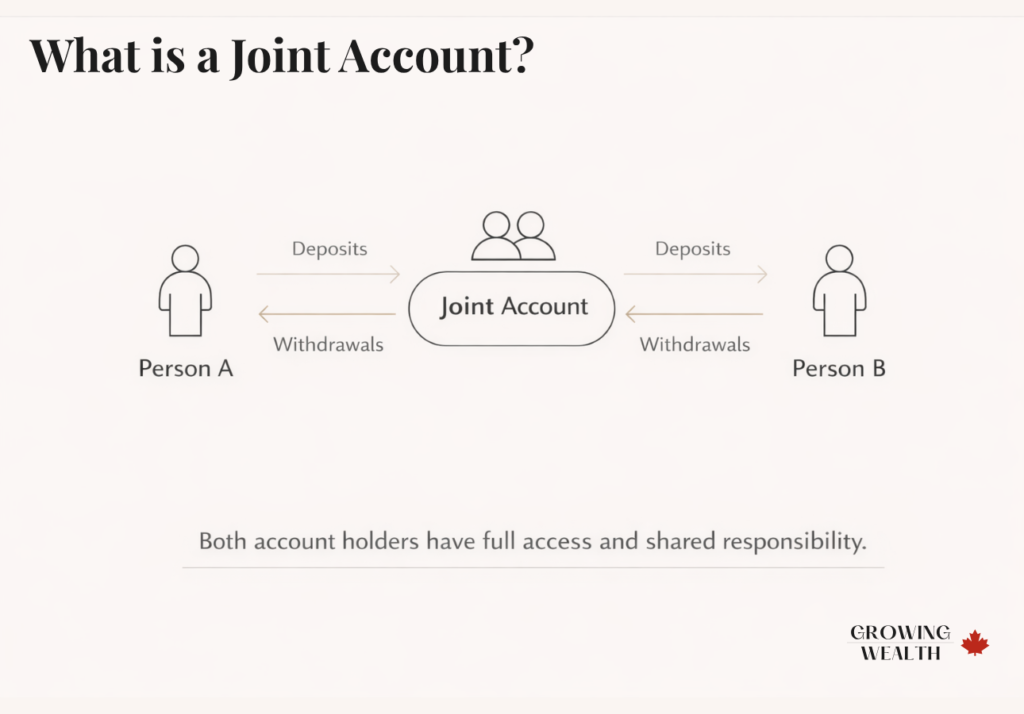 Minimalist diagram showing how a joint bank account works in Canada, with two people sharing equal access and responsibility through a central account.