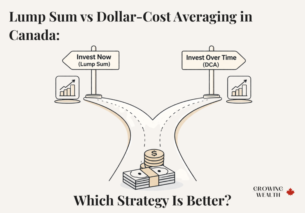 Minimalist illustration showing a fork in the road comparing lump sum investing and dollar-cost averaging (DCA), with paths labeled “Invest Now” and “Invest Over Time” leading to growth icons.