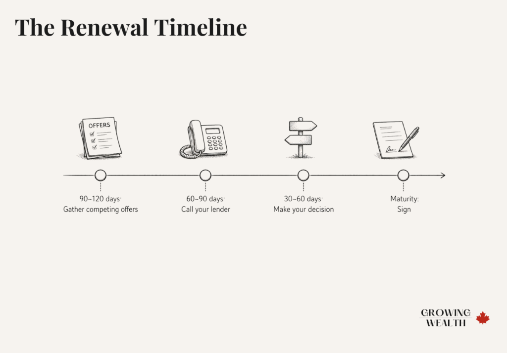 Mortgage renewal timeline showing key steps from 120 days out to maturity