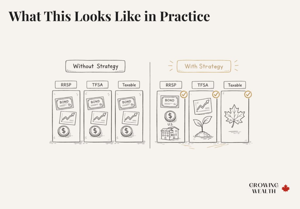 Side by side illustration comparing a disorganized investment approach across RRSP, TFSA and taxable accounts versus a sorted asset location strategy