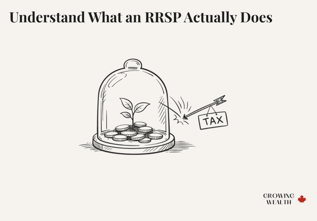 Illustration of investments growing inside a glass dome with tax being deflected away — representing RRSP tax deferral