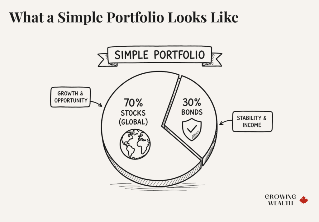 Simple portfolio pie chart showing global stocks as the majority and bonds as a smaller portion