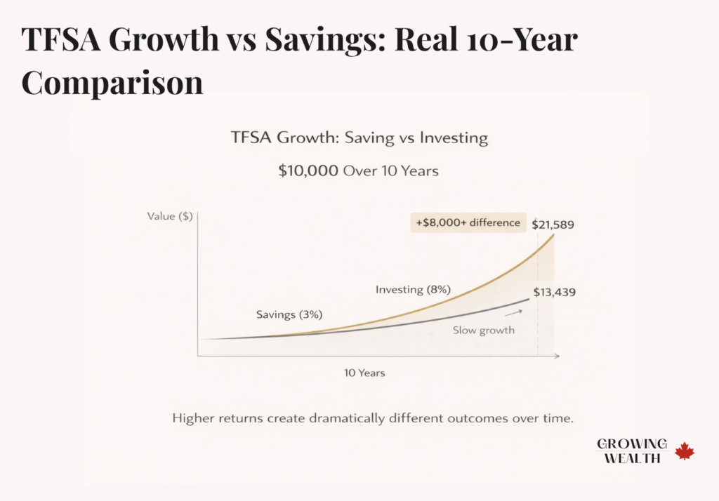 What to hold in a TFSA Canada investing vs savings comparison showing long term growth difference over 10 years