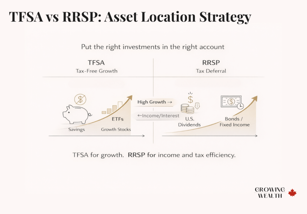 Partial view of financial illustration showing TFSA investing strategy with growth assets and asset allocation concepts