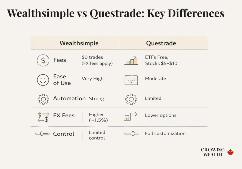 Wealthsimple vs Questrade comparison chart showing fees, ease of use, automation, FX fees, and control for Canadian investors