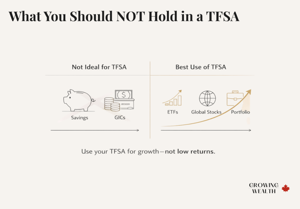 What not to hold in a TFSA Canada savings and GICs compared to ETFs and global stocks for long term growth