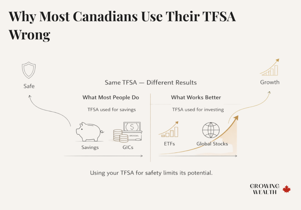 TFSA mistake comparison showing savings and GICs versus investing in ETFs and global stocks for long term growth