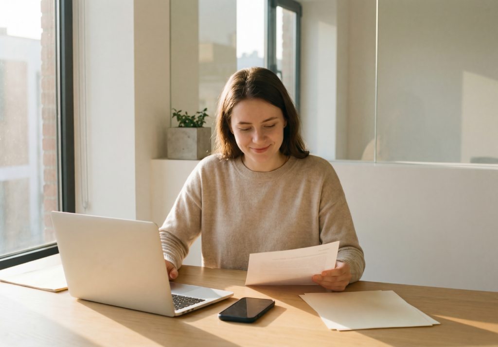 Woman sitting at desk with laptop and documents, smiling while reviewing her investment strategy