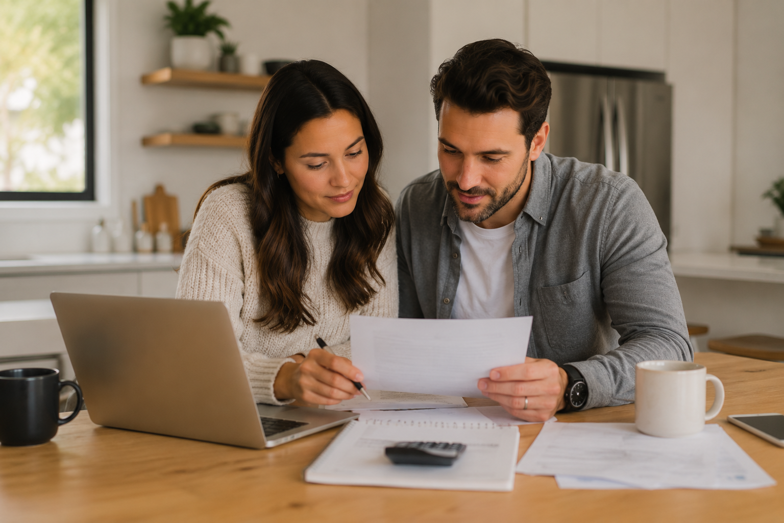 First-time home buyer in Canada reviewing closing costs and budget documents at kitchen table