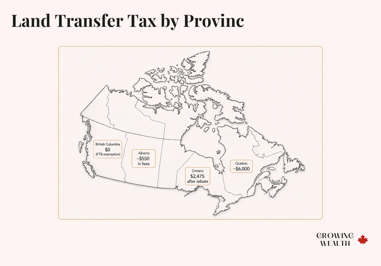 Illustration comparing land transfer tax costs across Canadian provinces for a $500,000 home purchase