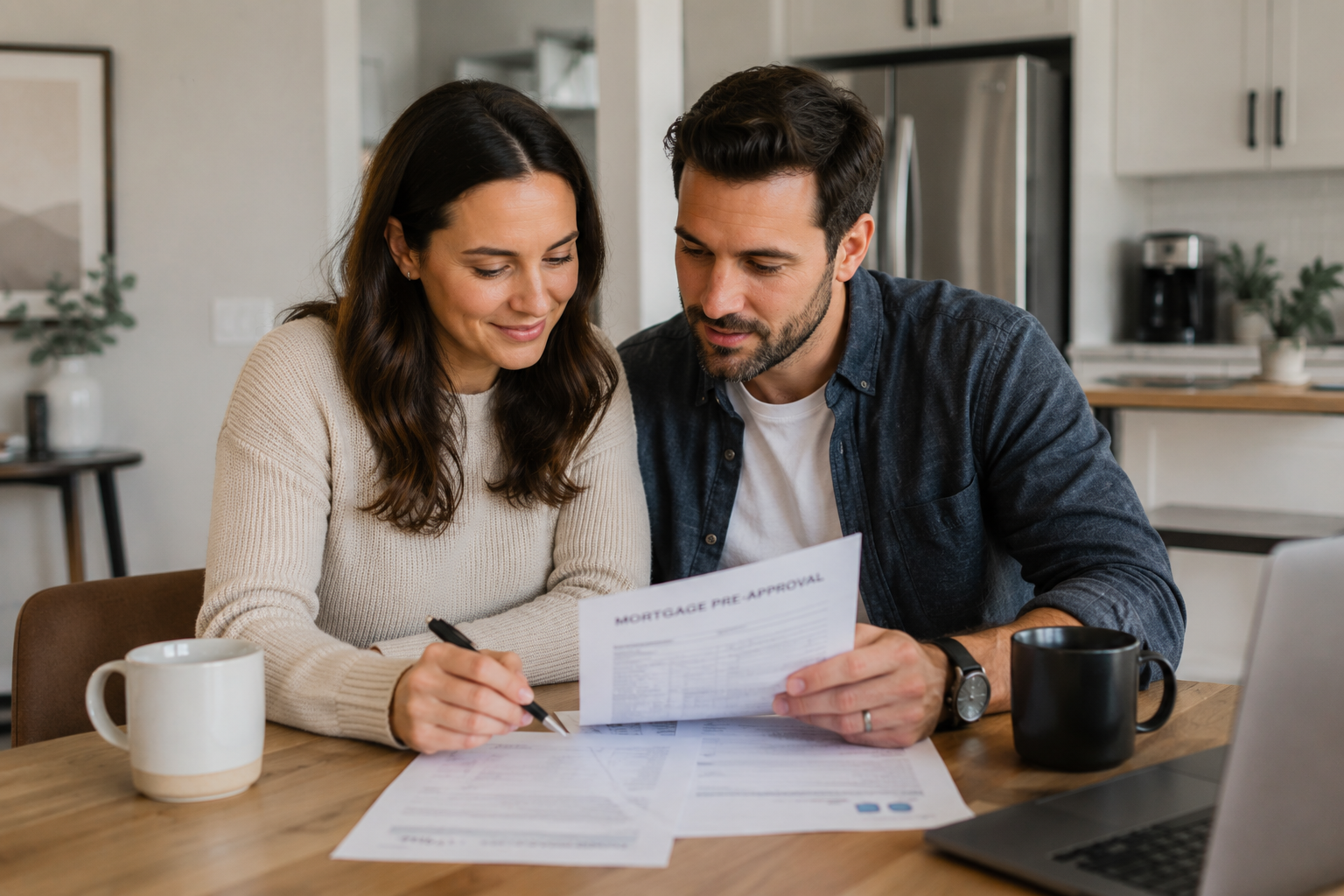 Canadian couple reviewing mortgage pre-approval documents at home
