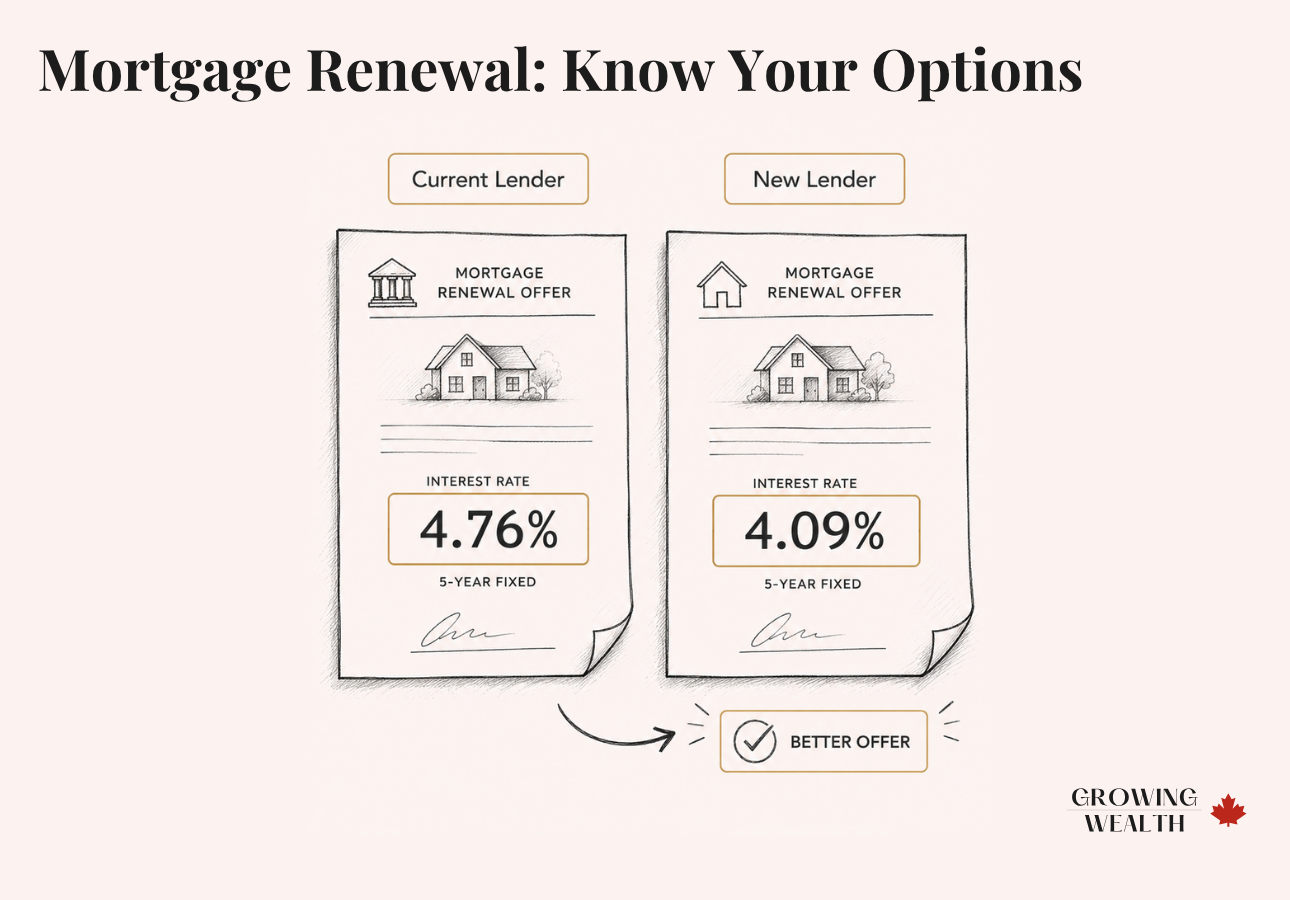 Illustration of mortgage renewal negotiation showing competing lender offers and rate comparison