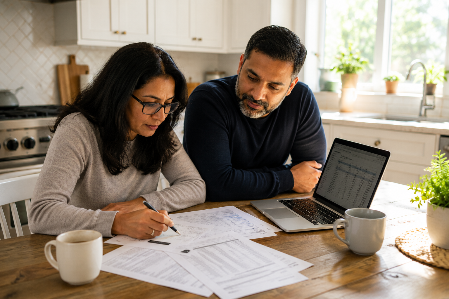 Canadian homeowner reviewing mortgage renewal options at kitchen table