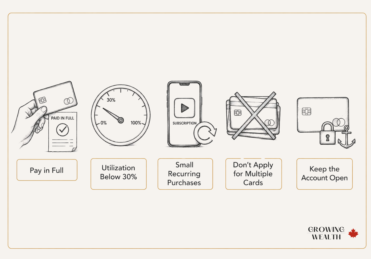Illustration of five credit building habits for Canadians — pay in full, low utilization, consistent use