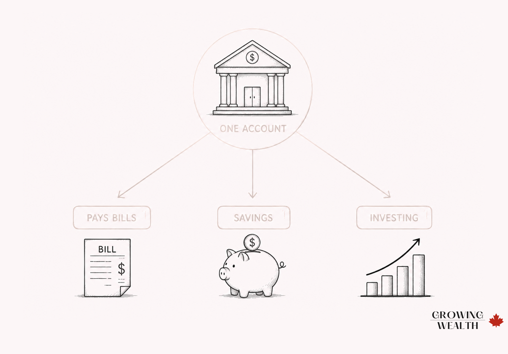Diagram showing one Control Centre bank account automatically funding bills, savings, and investing in Canada