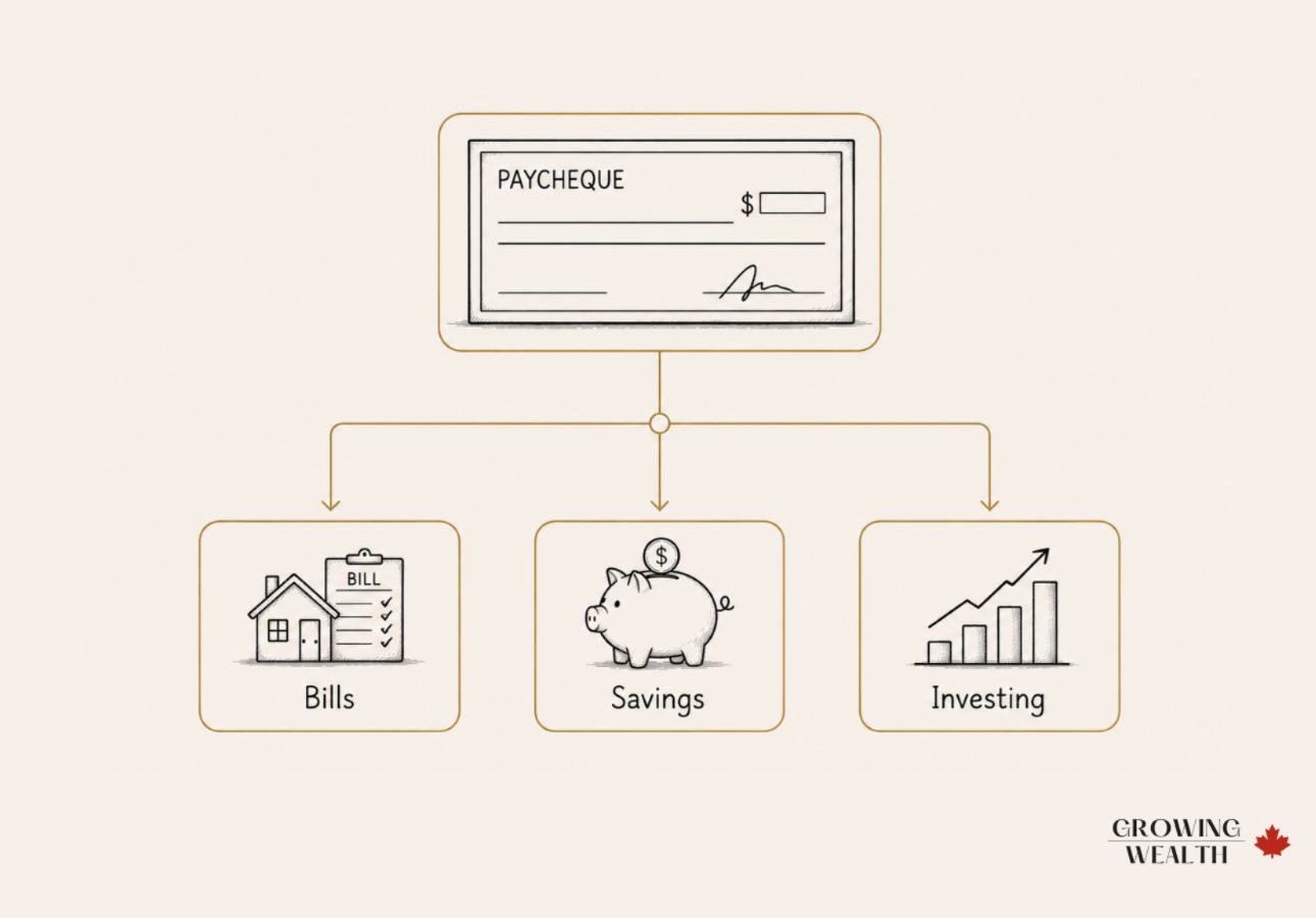 Illustration of a paycheque automatically split into bills, savings, and investing in Canada