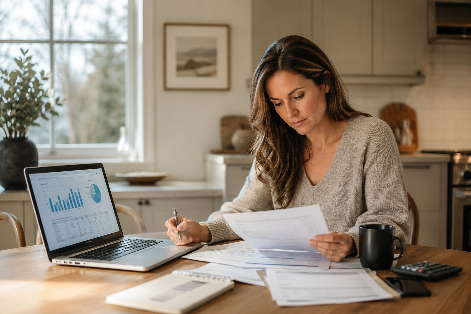 Mortgage renewal vs refinance — Canadian homeowner reviewing paperwork at kitchen table