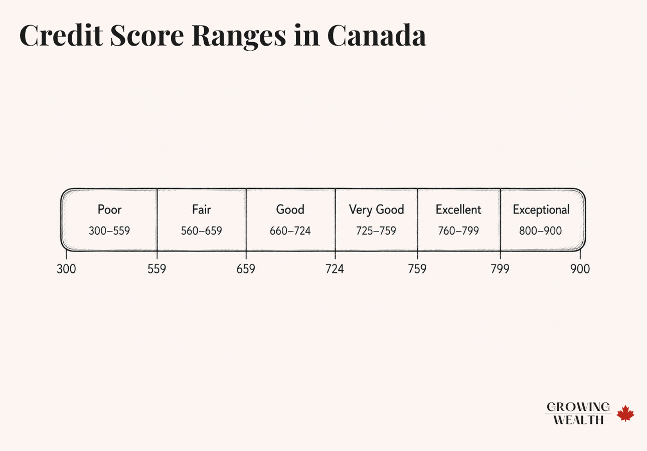 Credit score ranges in Canada from poor to exceptional on the 300 to 900 scale