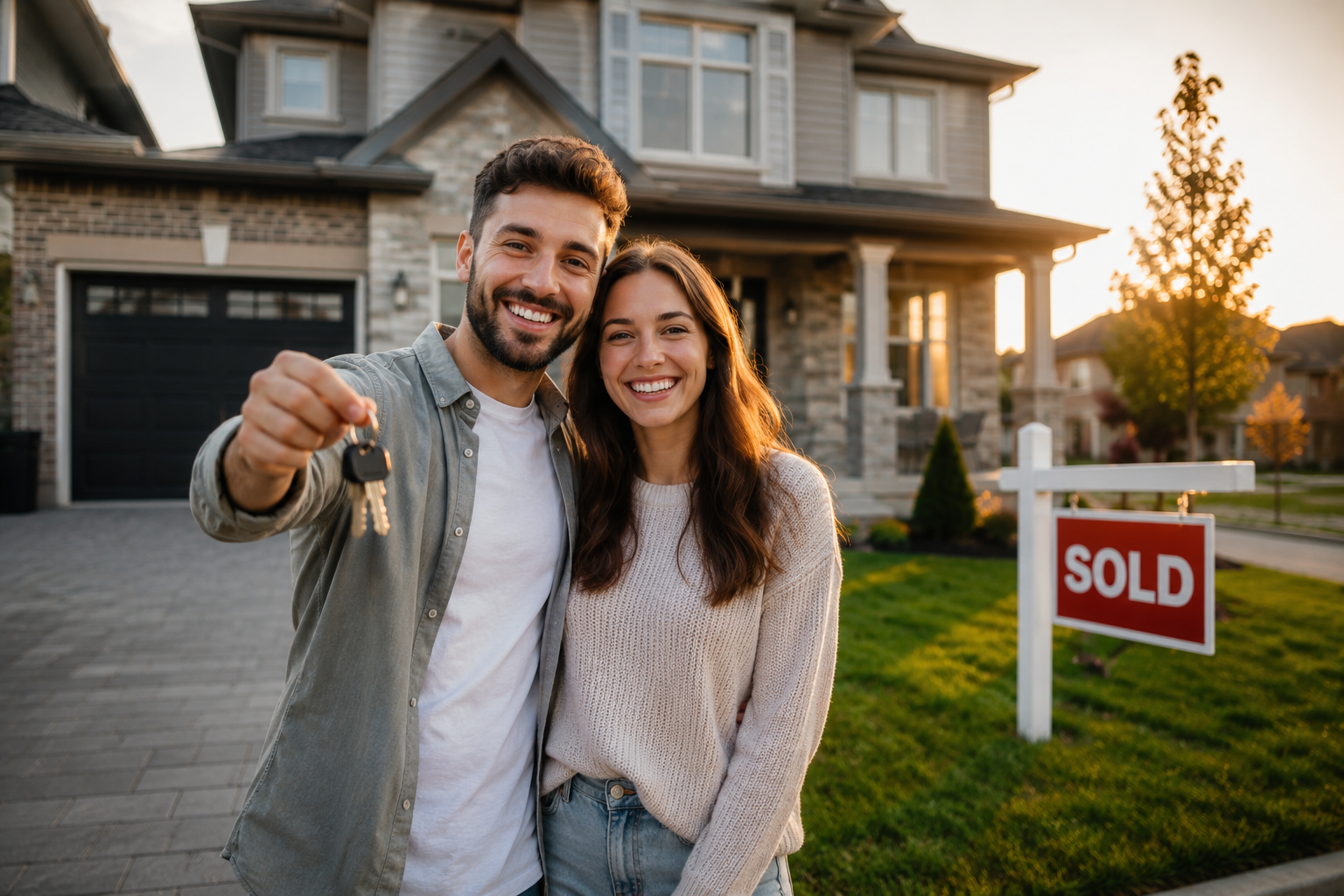Young Canadian couple holding keys to their first home with a sold sign on the lawn