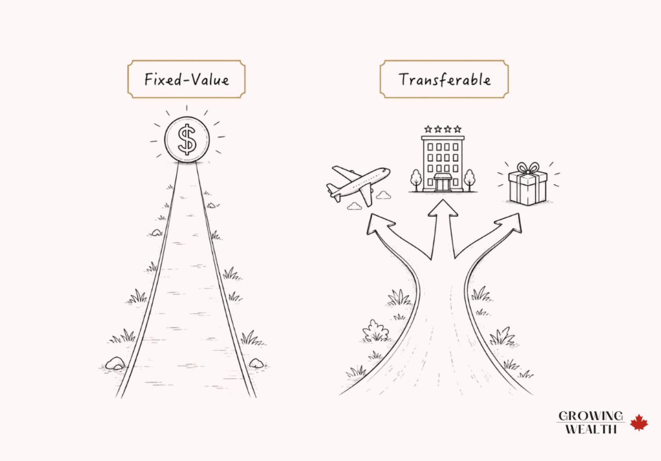 Fixed-value versus transferable travel points comparison diagram for Canadian credit cards